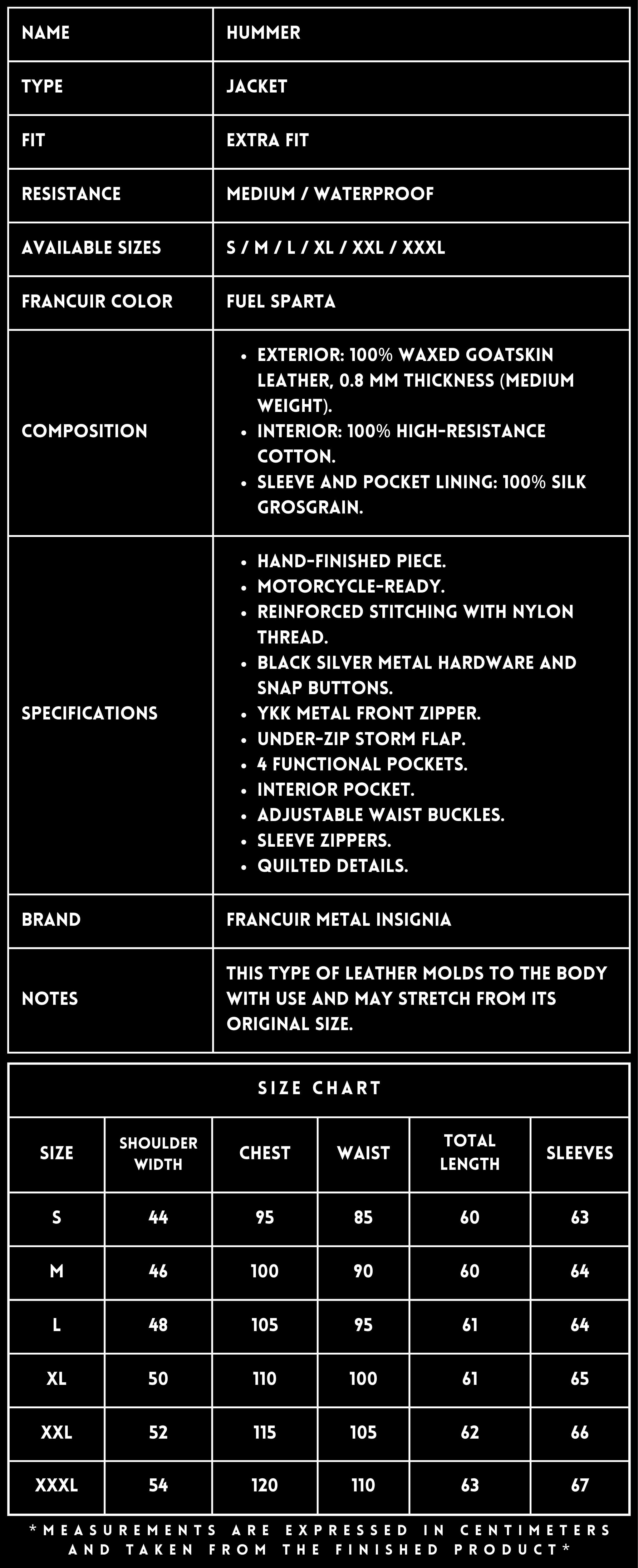 TECHNICAL SPECIFICATIONS_LEATHER JACKET_HUMMER_SPARTA_FRANCUIR
